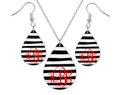Black and White Stripes Monogrammed Teardrop Earrings and Necklace Set