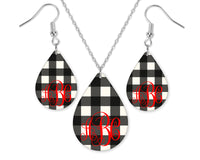 Black and White Plaid Monogrammed Teardrop Earrings and Necklace Set - Sew Lucky Embroidery