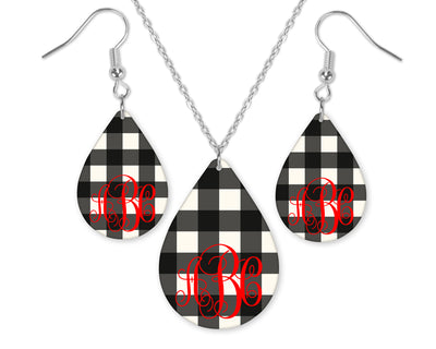 Black and White Plaid Monogrammed Teardrop Earrings and Necklace Set