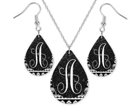 Black Glitter and Tribal Monogrammed Teardrop Earrings and Necklace Set - Sew Lucky Embroidery
