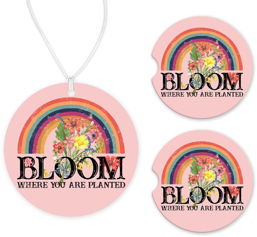 Bloom Car Charm and set of 2 Sandstone Car Coasters - Sew Lucky Embroidery
