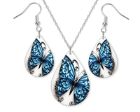 Blue Butterfly with Swirls Earrings and Necklace Set - Sew Lucky Embroidery