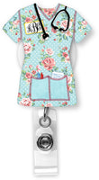 Blue Floral Scrubs Monogram Badge Reel - Sew Lucky Embroidery