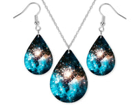 Galaxy Blue Teardrop Earrings and Necklace Set - Sew Lucky Embroidery