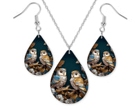 Blue Golden Owls Earrings and Necklace Set - Sew Lucky Embroidery