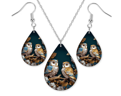 Blue Golden Owls Earrings and Necklace Set
