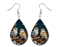 Blue Golden Owls Earrings and Necklace Set - Sew Lucky Embroidery