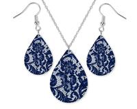 Blue Lace Teardrop Earrings and Necklace Set - Sew Lucky Embroidery