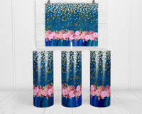 Blue Painting with Floral 20 oz insulated tumbler with lid and straw - Sew Lucky Embroidery