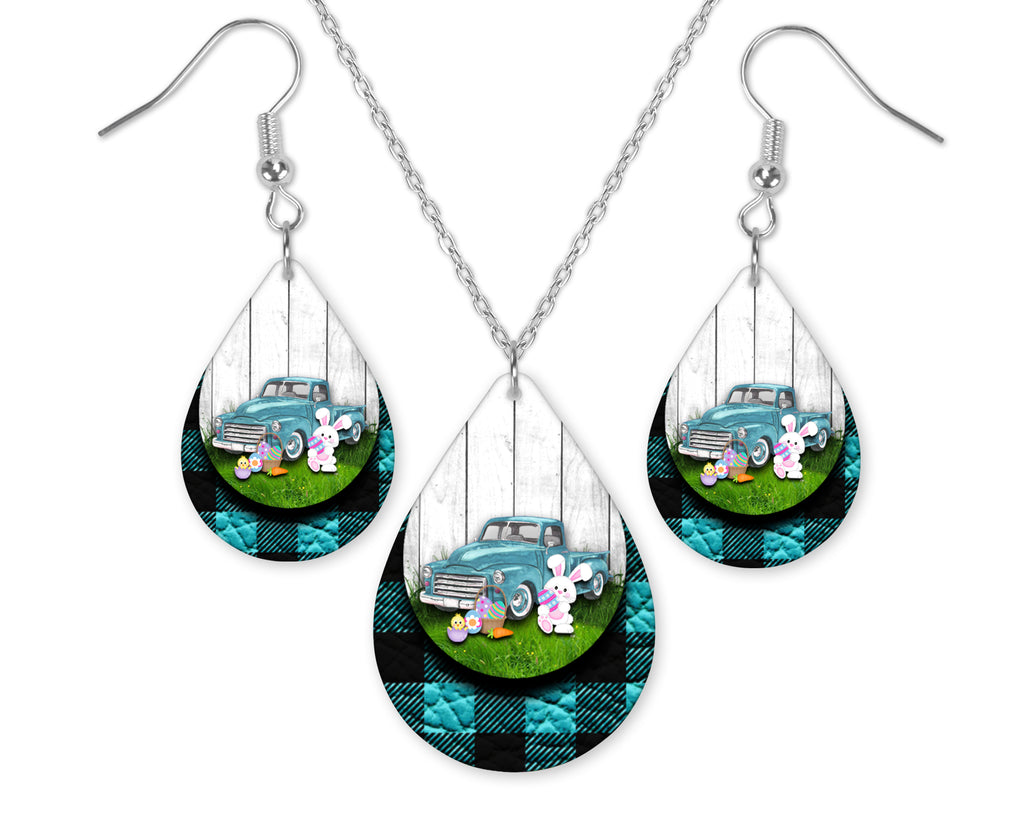 Blue Plaid Easter Truck Teardrop Earrings and Necklace Set - Sew Lucky Embroidery