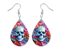Blue Skull and Vibrant Floral Earrings and Necklace Set - Sew Lucky Embroidery