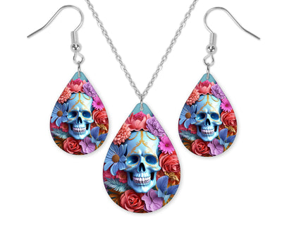 Blue Skull and Vibrant Floral Earrings and Necklace Set