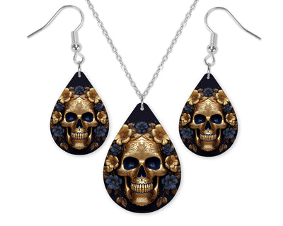 Blue and Gold Skull Earrings and Necklace Set
