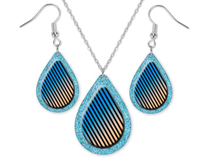 Blue Stripes and Glitter Teardrop Earrings and Necklace Set