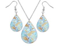 Blue Feathers Teardrop Earrings and Necklace Set - Sew Lucky Embroidery