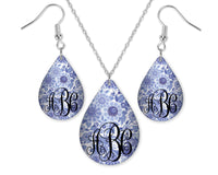Blue Floral Monogrammed Teardrop Earrings and Necklace Set - Sew Lucky Embroidery