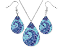 Blue Paisley Teardrop Earrings and Necklace Set - Sew Lucky Embroidery