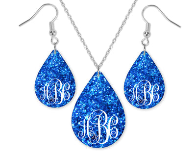 Blue Shimmer Monogrammed Teardrop Earrings and Necklace Set