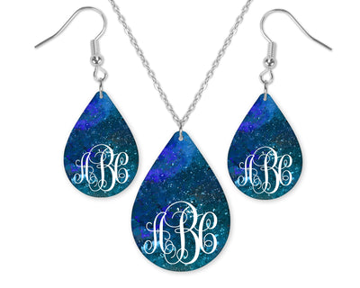 Blue Sparkle Monogrammed Teardrop Earrings and Necklace Set