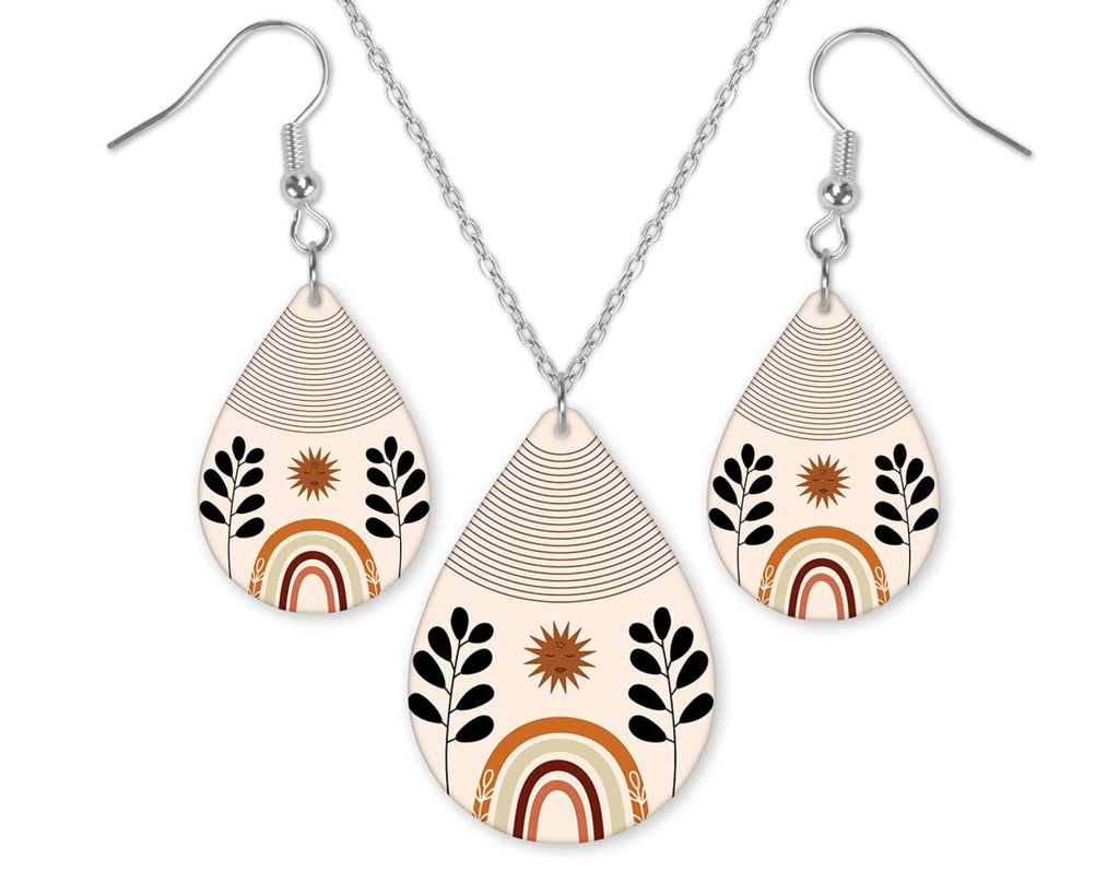 Boho Sun and Rainbow Teardrop Earrings and Necklace Set - Sew Lucky Embroidery