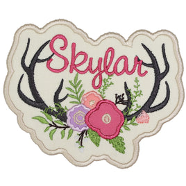 Boho Deer Antlers Name Patch Personalized Floral Embroidered Patch for Girls Jackets, Bags, or Nursery Decor Iron-On or Sew-On - Sew Lucky Embroidery