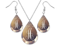 Brokeh Brown Marquee Monogrammed Teardrop Earrings and Necklace Set - Sew Lucky Embroidery