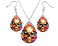Bold Gold Floral Skull Earrings and Necklace Set - Sew Lucky Embroidery