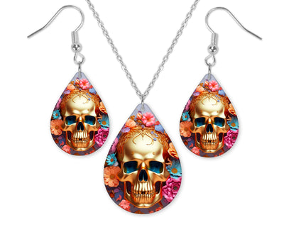Bold Gold Floral Skull Earrings and Necklace Set