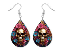 Bright Vibrant Floral Skull Earrings and Necklace Set - Sew Lucky Embroidery