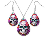 Bright and Vibrant Skull Earrings and Necklace Set - Sew Lucky Embroidery