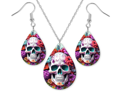 Bright and Vibrant Skull Earrings and Necklace Set