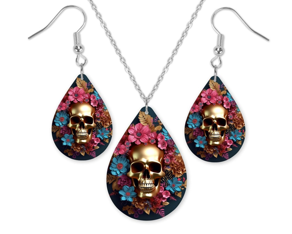Bright Vibrant Floral Skull Earrings and Necklace Set - Sew Lucky Embroidery