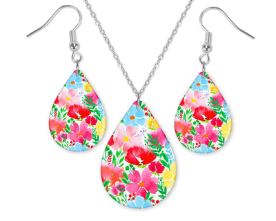 Bright Colorful Floral Teardrop Earrings and Necklace Set
