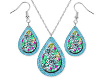 Bright Floral Teardrop Earrings and Necklace Set - Sew Lucky Embroidery