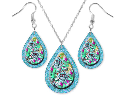 Bright Floral Teardrop Earrings and Necklace Set