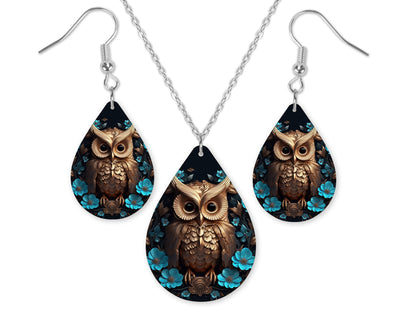 Bronze Owl Earrings and Necklace Set