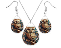 Bronze and Emerald Owl Earrings and Necklace Set - Sew Lucky Embroidery