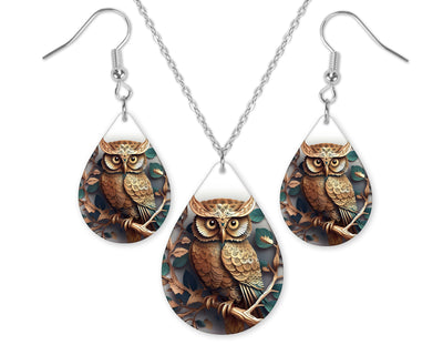 Bronze and Emerald Owl Earrings and Necklace Set