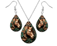 Bronze and Emerald Horse Earrings and Necklace Set - Sew Lucky Embroidery