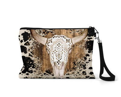 Bull Skull with Cow Print Makeup Bag