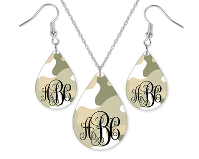 Camo Monogrammed Teardrop Earrings and Necklace Set