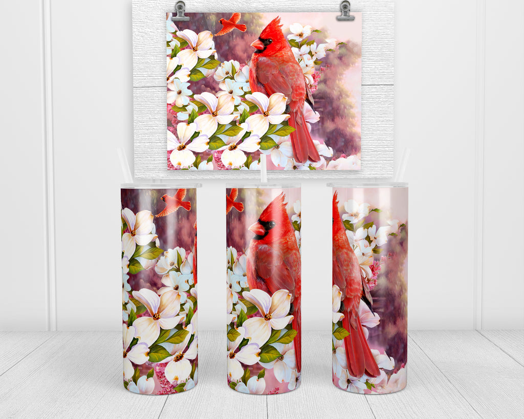 Cardinal and Floral 20 oz insulated tumbler with lid and straw - Sew Lucky Embroidery