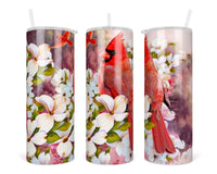 Cardinal and Floral 20 oz insulated tumbler with lid and straw - Sew Lucky Embroidery