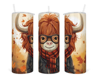 Cartoon Highland Calf Wearing Scarf and Glasses 20 oz insulated tumbler with lid and straw - Sew Lucky Embroidery