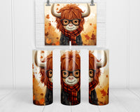 Cartoon Highland Calf Wearing Scarf and Glasses 20 oz insulated tumbler with lid and straw - Sew Lucky Embroidery