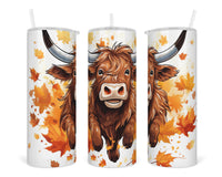 Cartoon Leaping Fall Highland Cow 20 oz insulated tumbler with lid and straw - Sew Lucky Embroidery