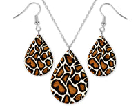Cheetah Print Brown Teardrop Earrings and Necklace Set - Sew Lucky Embroidery