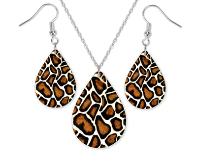 Cheetah Print Brown Teardrop Earrings and Necklace Set