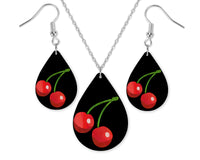 Cherries Teardrop Earrings and Necklace Set - Sew Lucky Embroidery