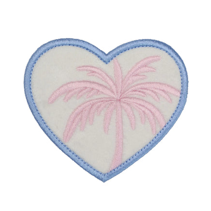heart shaped embroidered patch with pink palm tree and blue border coastal design
